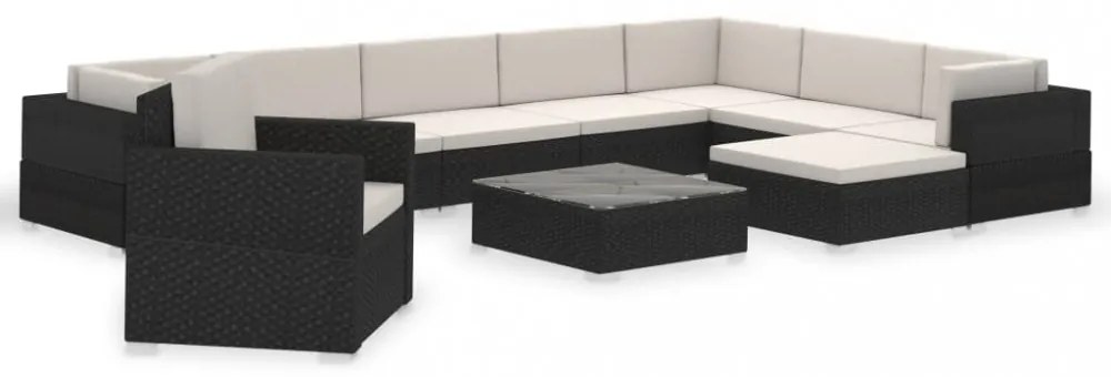 12-részes fekete polyrattan kerti bútorszett párnákkal