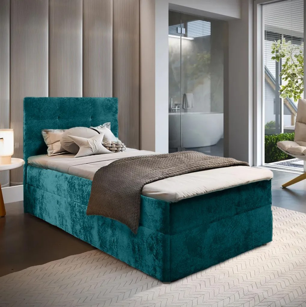 AKCIÓ Kárpitozott boxspring ágy GLORIEN VELVET 100x200 cm türkiz II. osztály