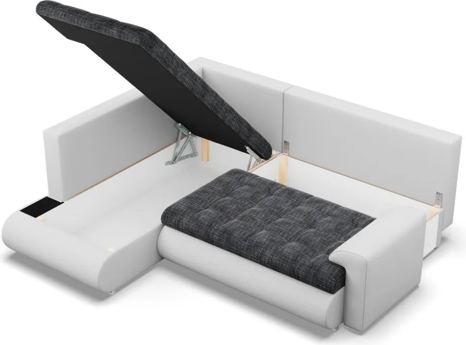 Tokio sarokkanapé, L alakú háttámlával, 2 ágyneműtartóval, fonott + műbőr, baloldali, sötétszürke - fehér