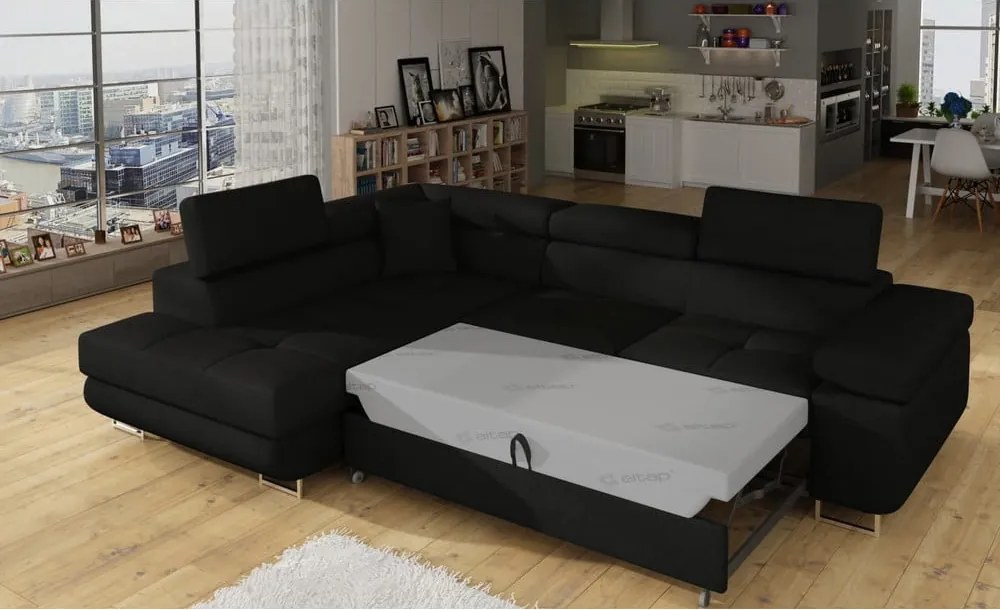 Fekete kinyitható-tárolóhelyes sarokkanapé (bal oldali-L alakú) Anton – ELTAP