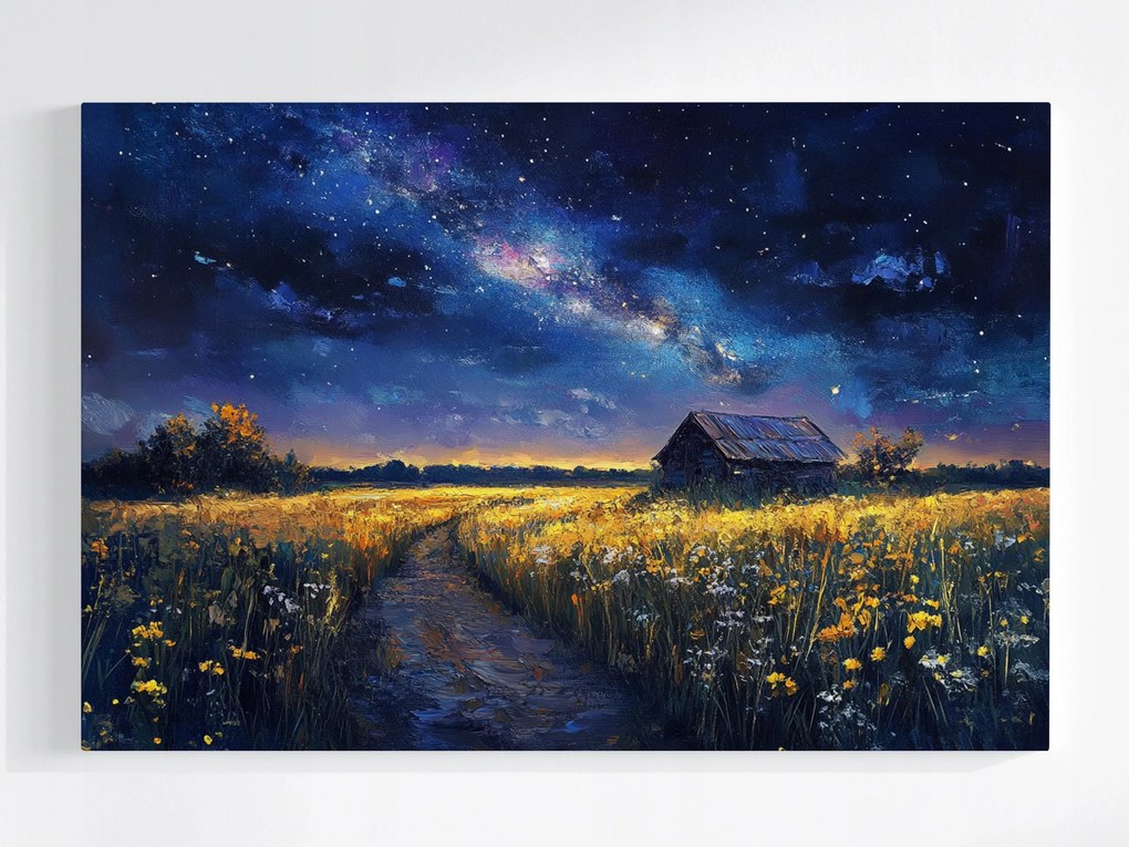 Vászonkép Canvas Falu Mező Tejút Ég Csillagok Éjszaka 120x80