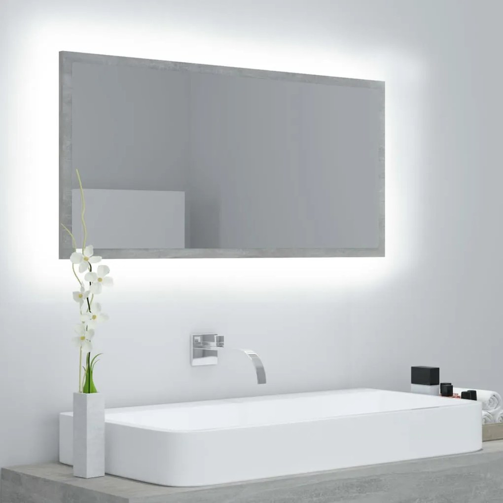 Betonszürke akril LED-es fürdőszobatükör 90x8,5x37 cm