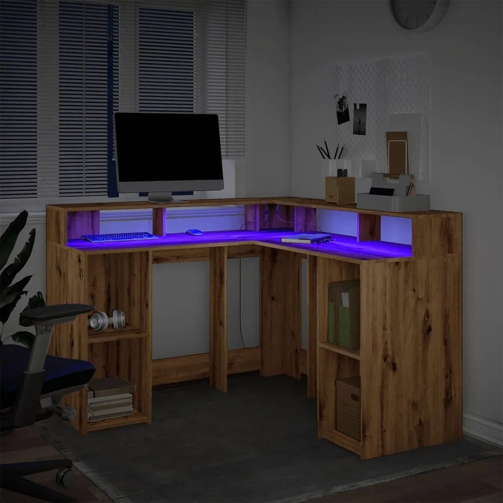 kézműves tölgy színű szerelt fa LED-es íróasztal 130x130x91 cm