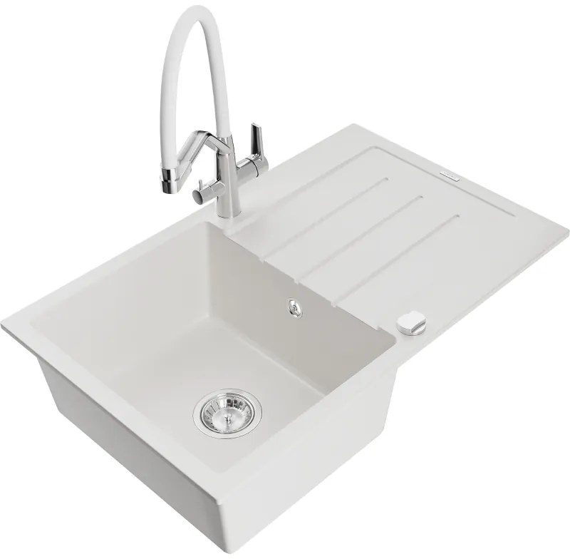 Mexen Bruno 1-medencés gránit mosogató csepegtetővel és Duo konyhai csapteleppel, fehér - 6513-20-671701-02