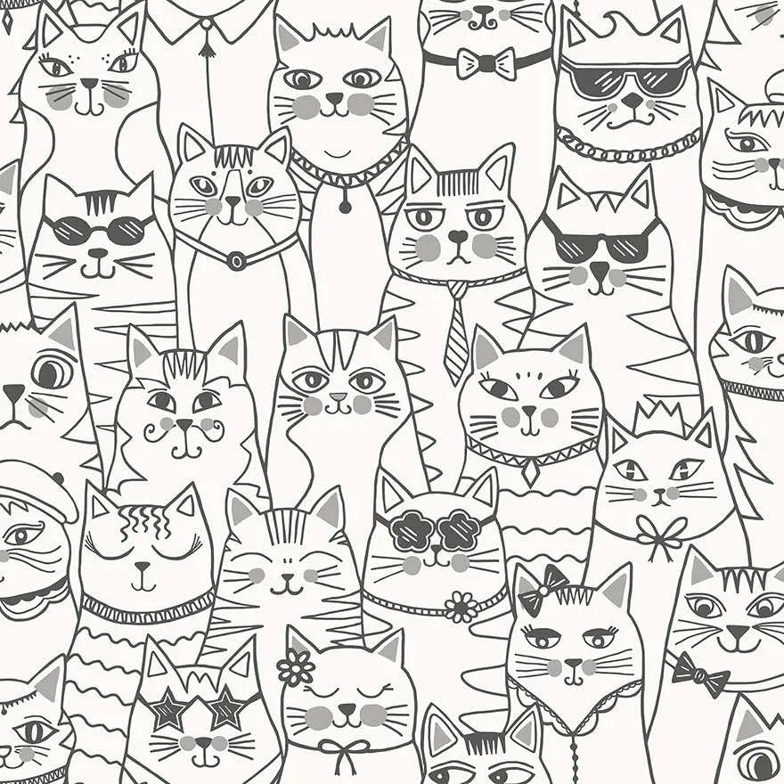 Holden Decor Adventure Awaits Colour-Me Cats fehér-fekete cicás papír tapéta – 14070