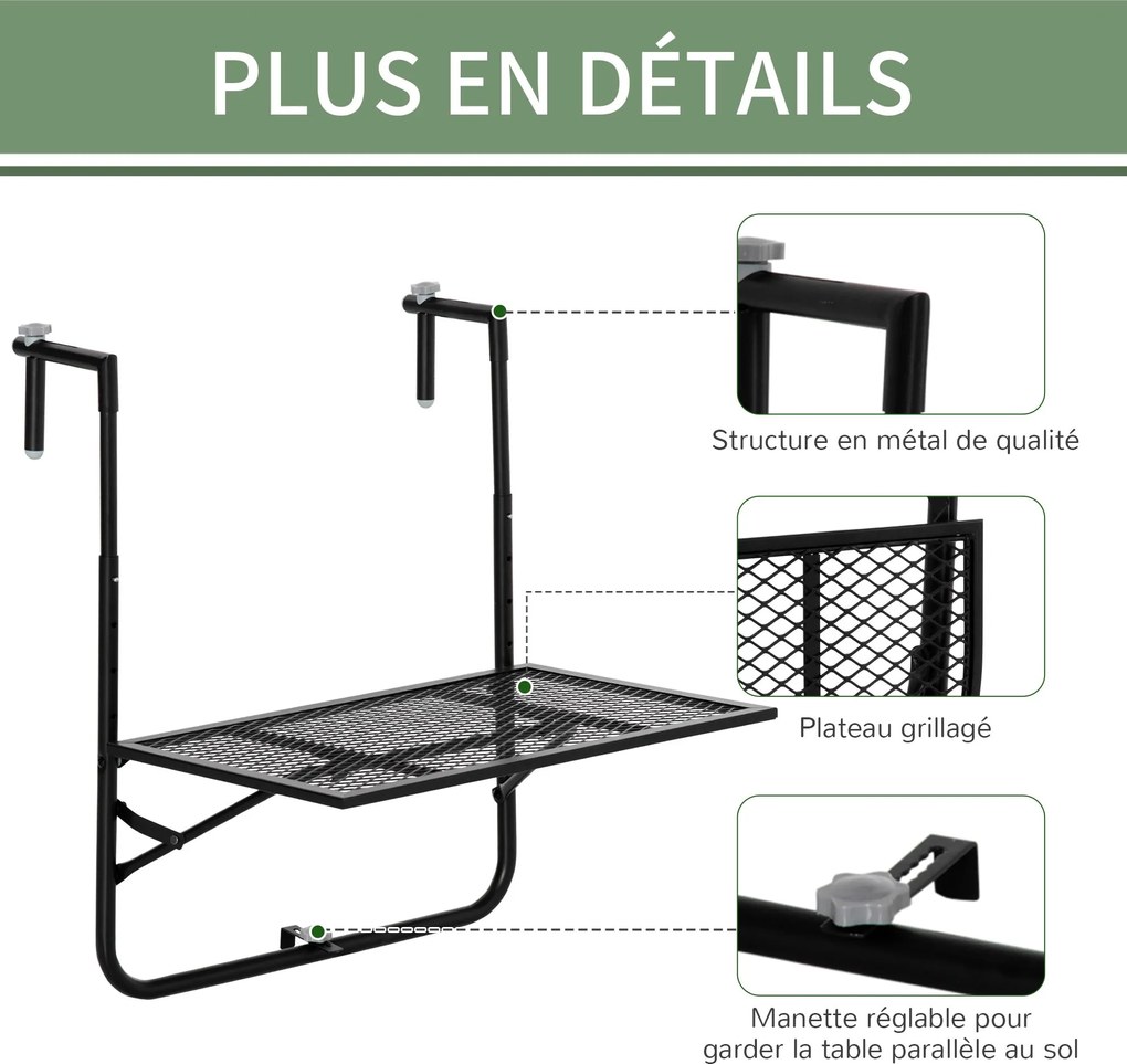 Outsunny Összecsukható Fém Függő Balkontábla Magasságának Állíthatóságával 60L x 60W x 57-72H cm - Fekete | Aosom