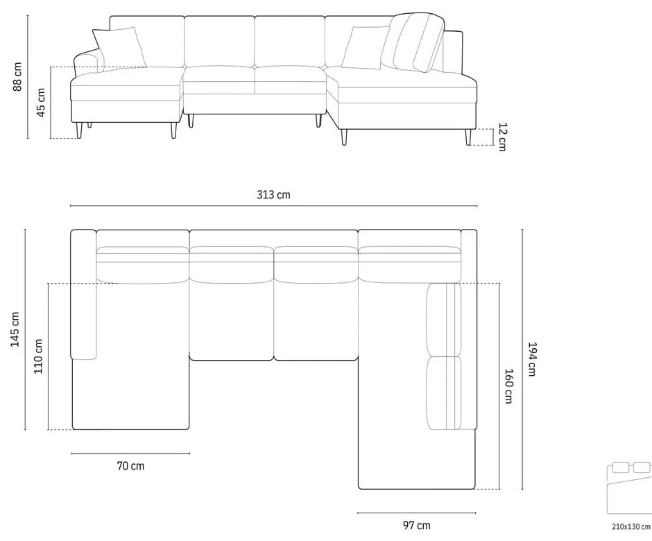 Sötétkék bársony kinyitható tárolóhelyes sarokkanapé (jobb oldali-U alakú) Kyoto – Cosmopolitan Design