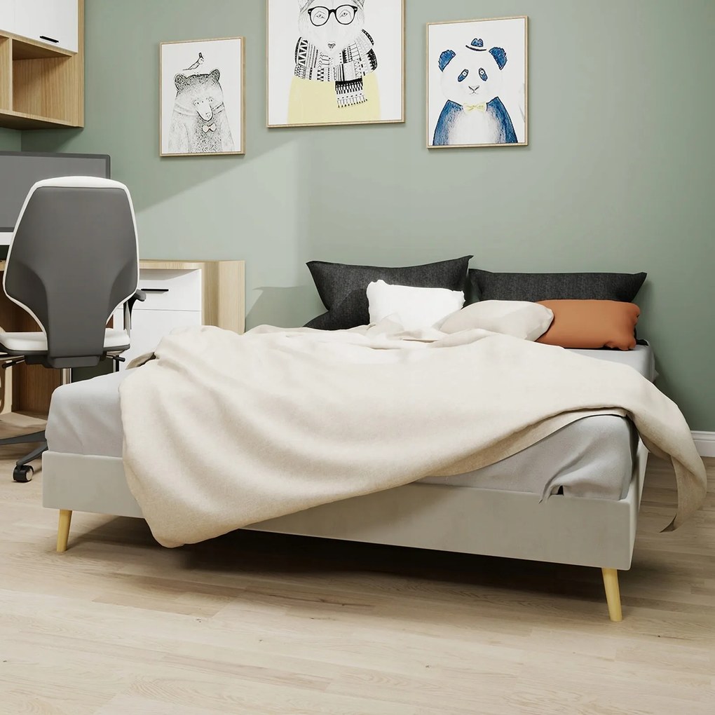 Egyszerű kárpitozott franciaágy gyerekágy 140x200cm bársony bézs