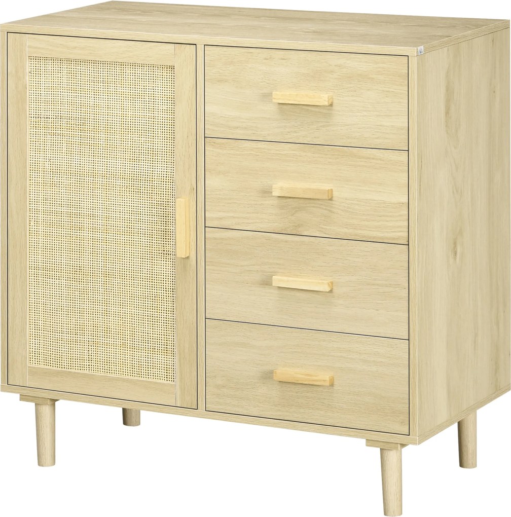 HOMCOM Rattan Büfé Szekrény Kígyóajtós Szekrényekkel és 4 Fiókkal, Étkező, Nappali, Hálószoba, 80 x 38 x 80.5 cm, Természetes Fa Hatás | Aosom