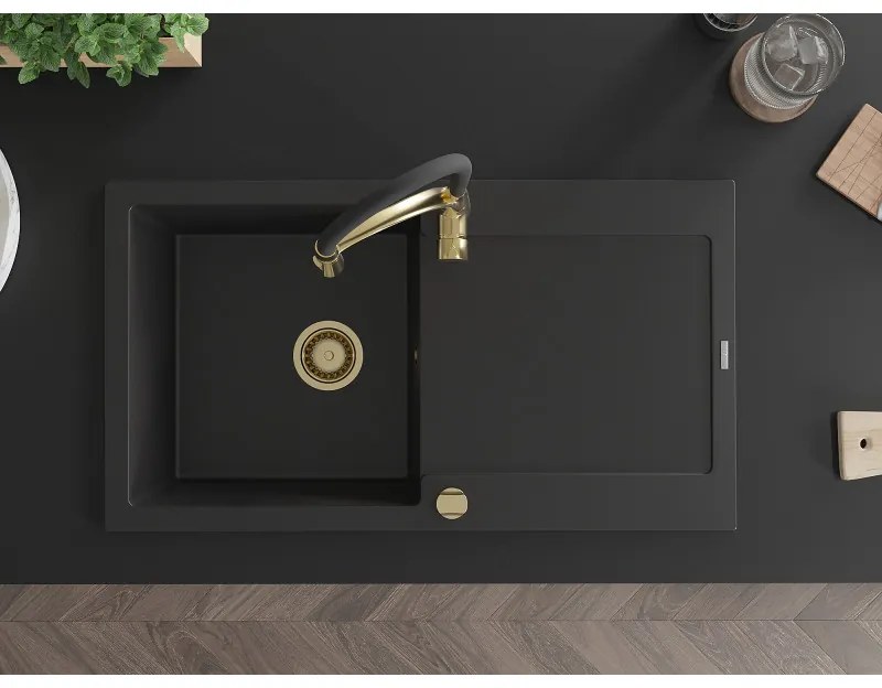 Mexen Leo, gránit mosogató 900x500x190 mm, 1 kamrás és Aster mosogató csaptelep, fekete, 6501-77-73450-57-G