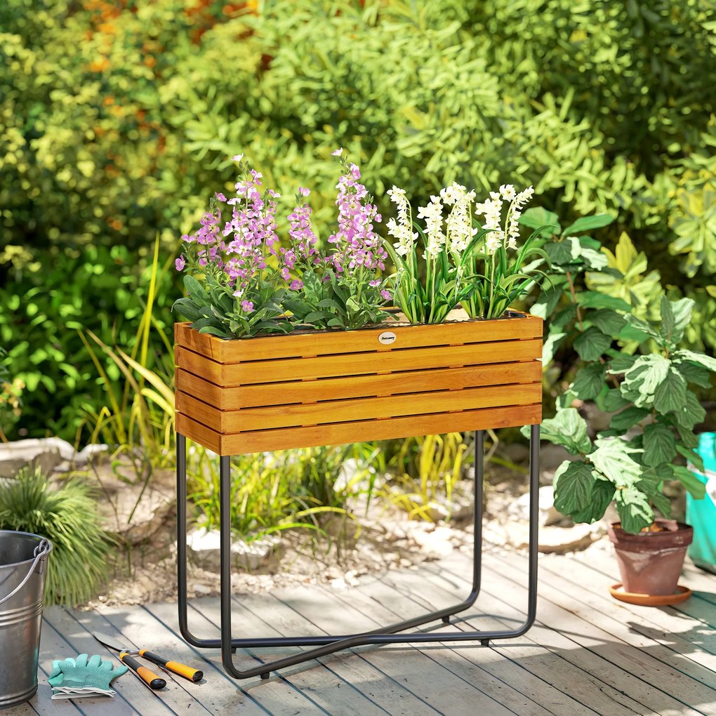 Outsunny Téglalap alakú Emelt Virágtartó Állvány Draináló Lyukakkal Belső és Külső Használatra, Balkon Kerthez, Akác Fából és Acélból készült, 62 x 22