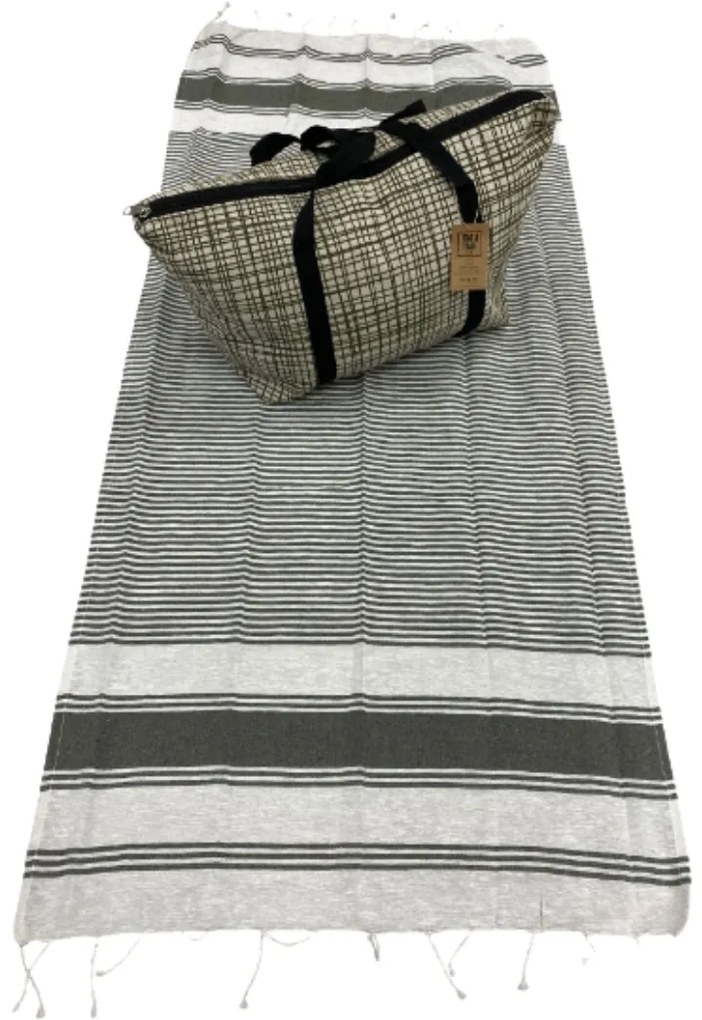 Stílusos szett strandtáska + törölköző HAMAM 75x150 cm, khaki, 100% organikus pamut
