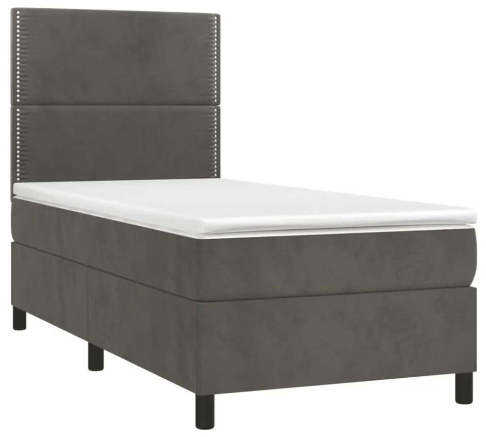sötétszürke bársony rugós és LED-es ágy matraccal 90x190 cm