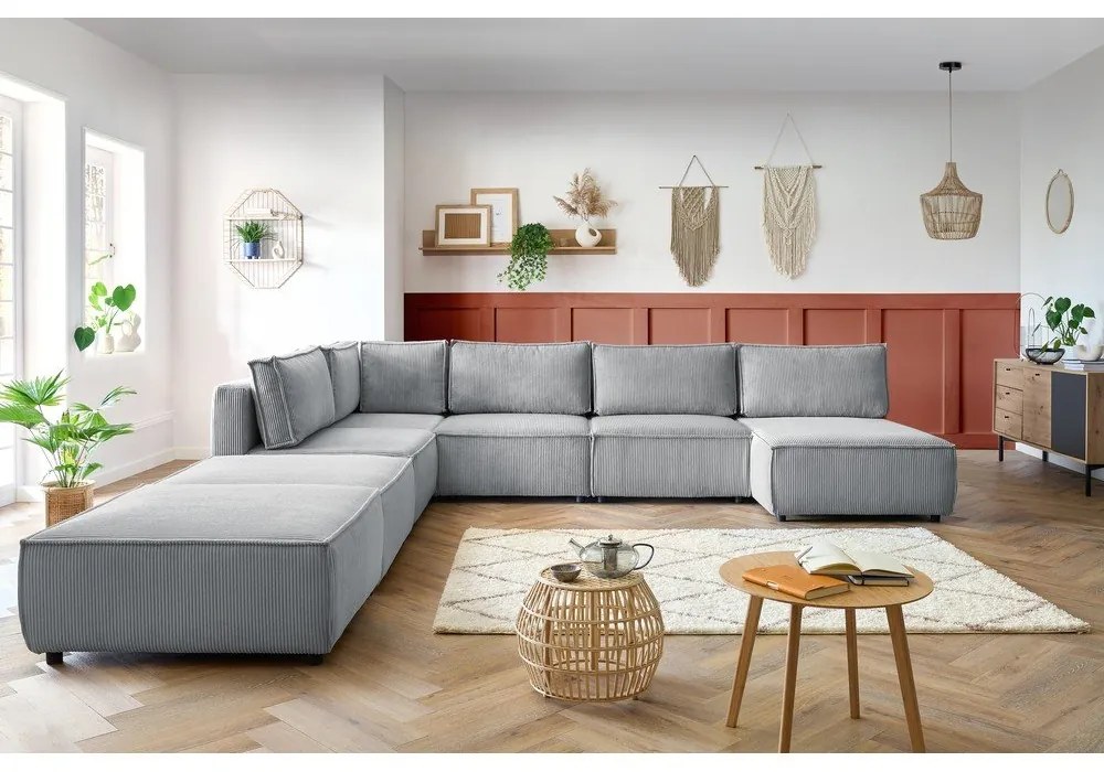 Világosszürke kordbársony sarokkanapé ("U" alakú-variálható) Nihad modular – Bobochic Paris