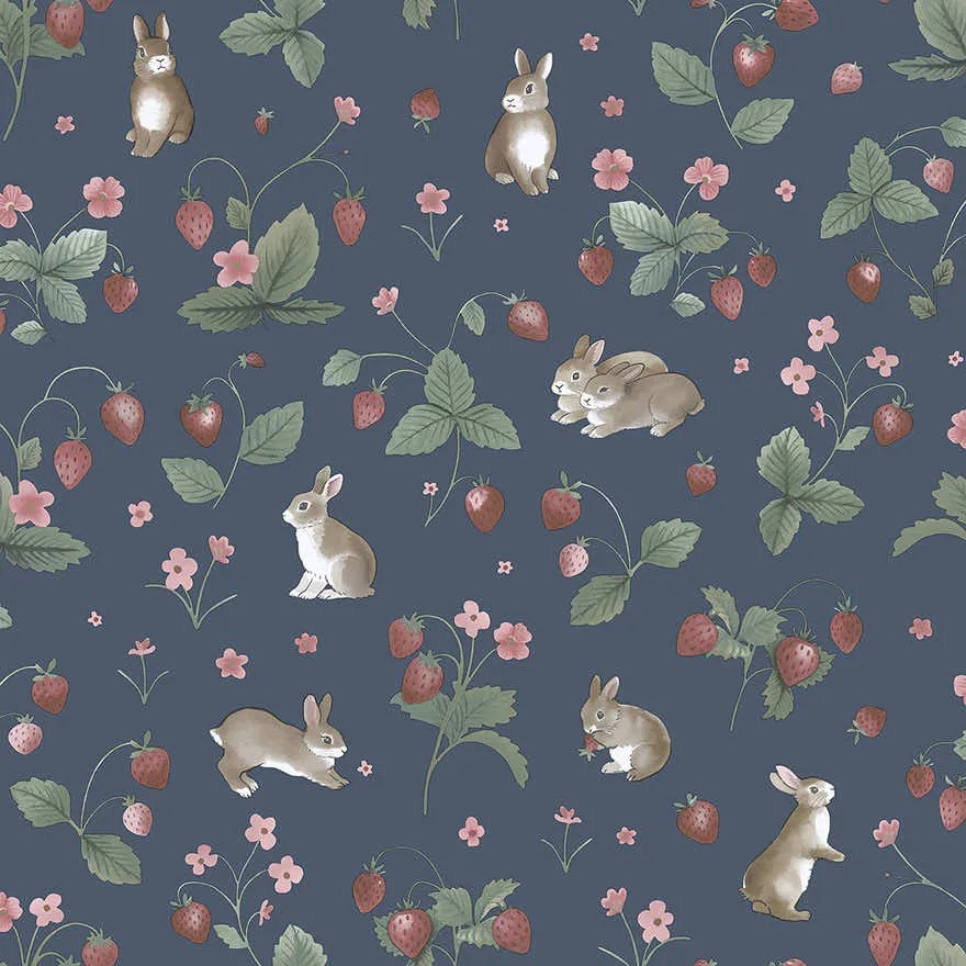 Holden Decor Adventure Awaits Bunnies & Berries sötétkék állatos papír tapéta – 14142