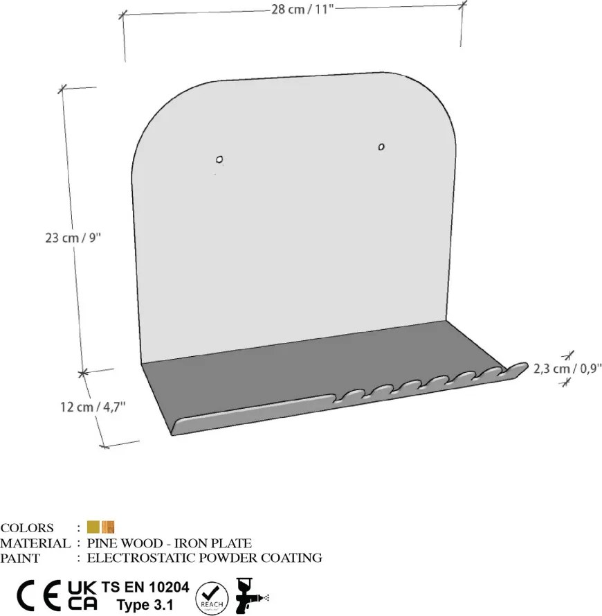 Short fali polc, arany, 28 cm