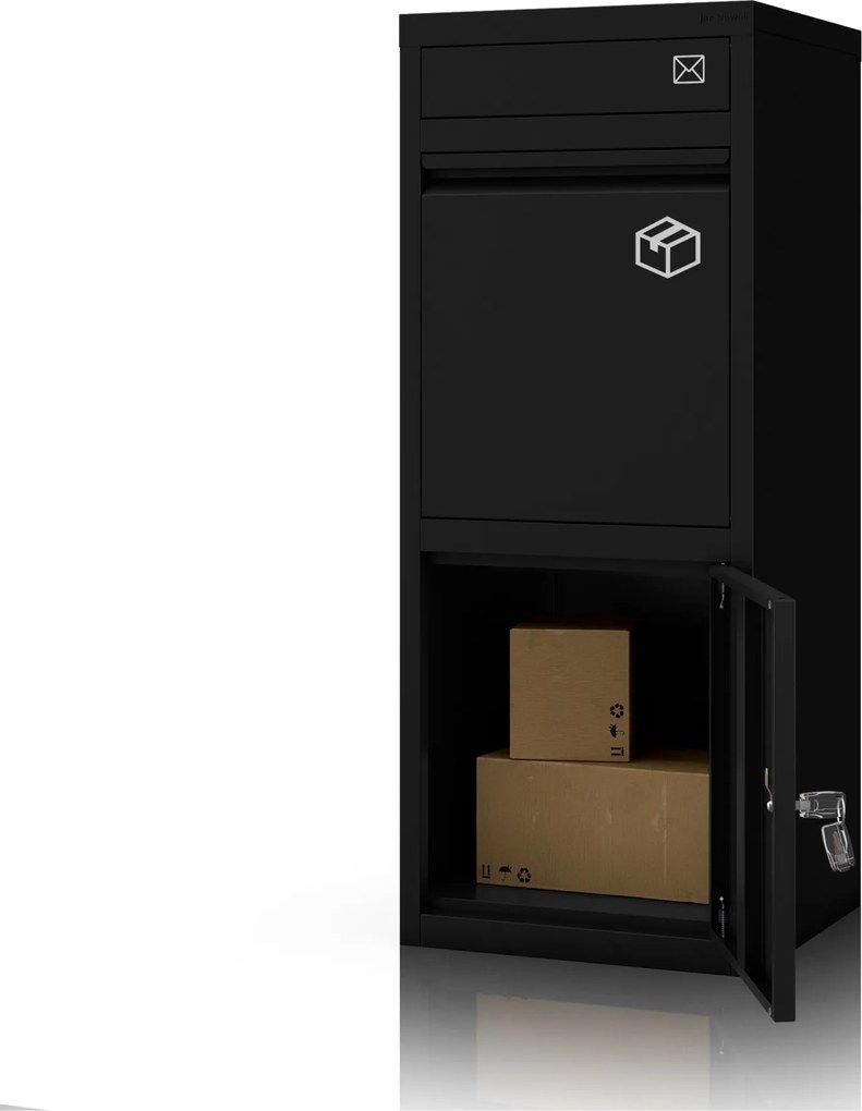 Csomag- és levélszekrény, csomagbox, fém, kültéri, zárható, fekete PAT