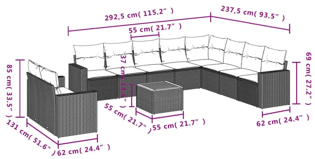 11 részes szürke polyrattan kerti ülőgarnitúra párnákkal