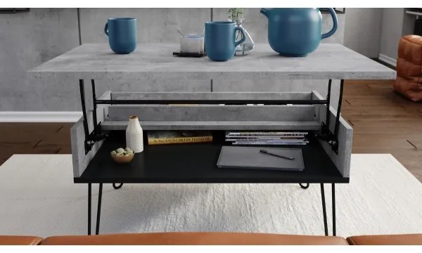 HALIJA dohányzóasztal emelhető asztallappal és polccal, beton szürke/fekete