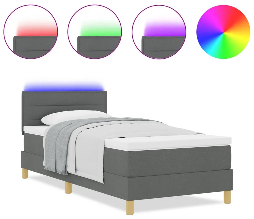vidaXL LED Box Spring Ágy matracmal Sötétszürke 90 x 200 cm szövet