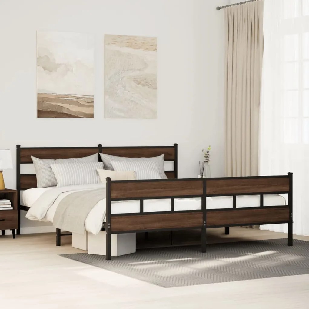 barna tölgy színű fém ágykeret matrac nélkül 200 x 200 cm