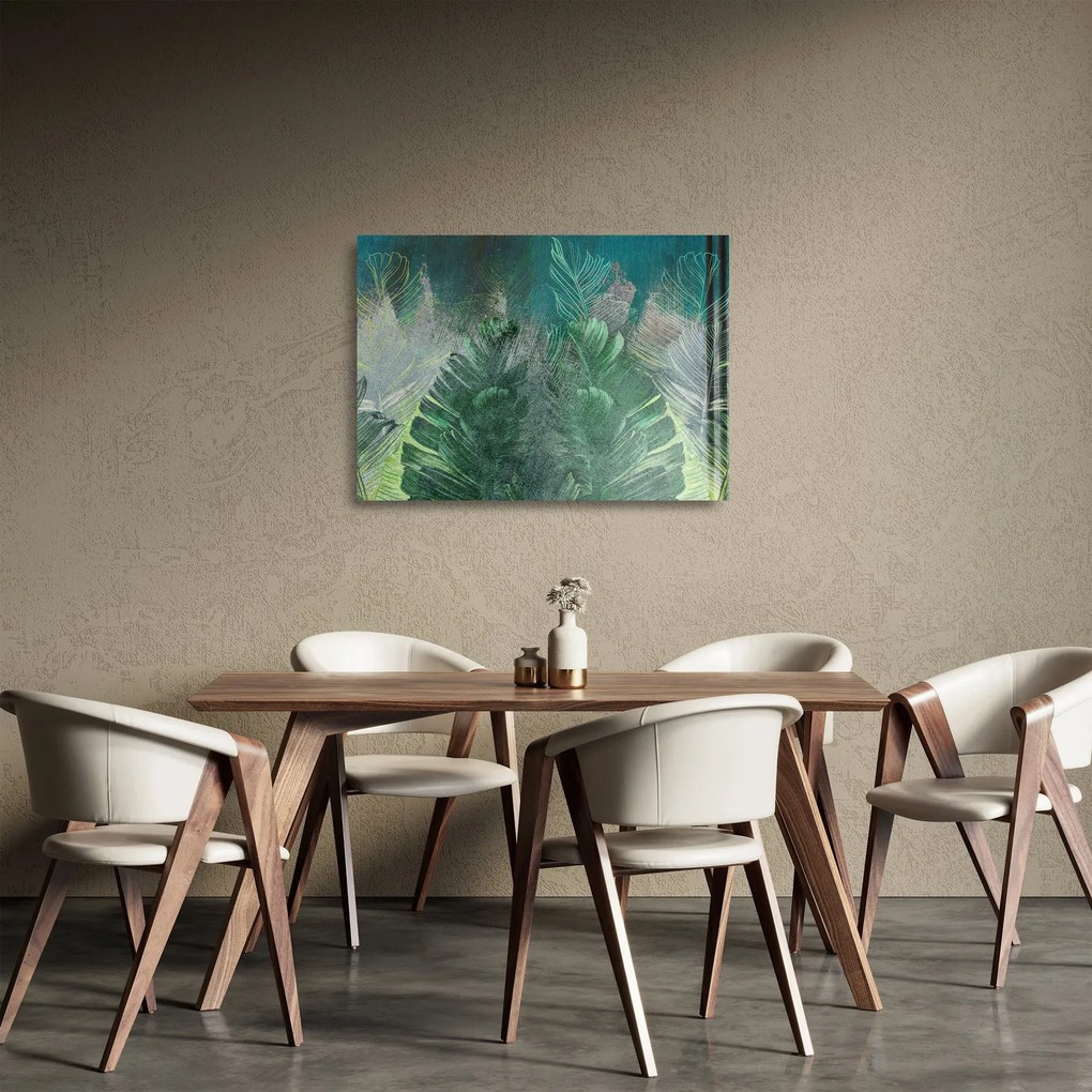 Üveg kép - Beton textúra levelekkel (70x50 cm)