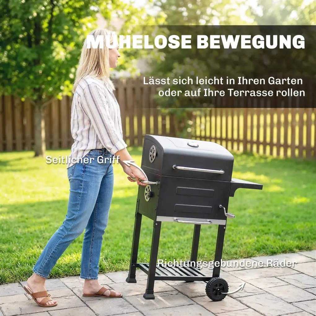 Outsunny kompakt faszenes grillkocsi fedővel, hőmérővel, grillráccsal, hamutartóval és szellőzőnyílásokkal