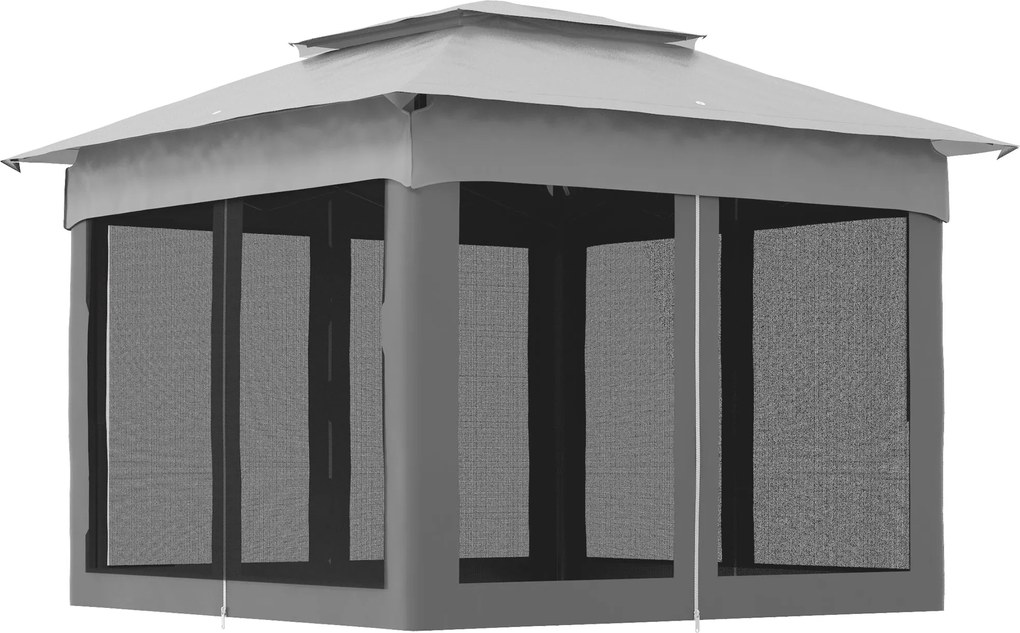 Outsunny Összecsukható Pavilon 3.3x3.3 m 4 Szúnyogháló Oldalfallal és Hordtáskával Kempingezéshez Világosszürke | Aosom
