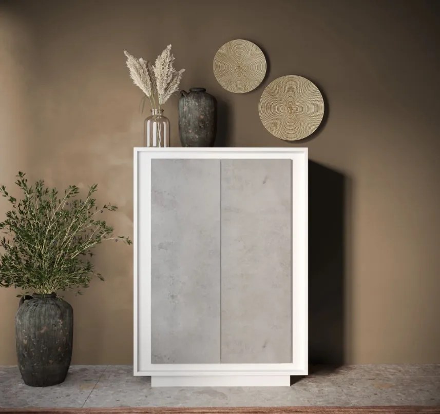 SKY 2.0 magas komód, 2 ajtóval, fehér matt lakkozott vázzal és betonhatású laminált előlapokkal