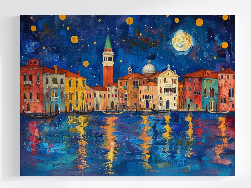 Vászonkép Canvas Velence Éjszaka Csatorna Színes Házak Hold 80x60