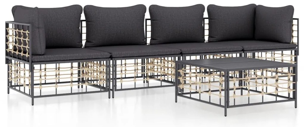 5 részes antracitszürke polyrattan kerti ülőgarnitúra párnákkal