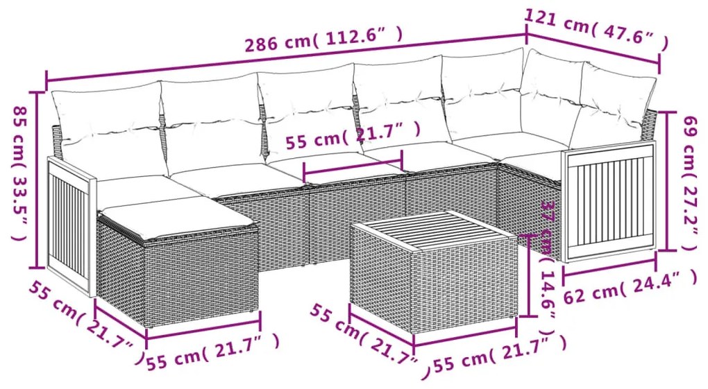 8 részes fekete polyrattan kerti ülőgarnitúra párnákkal