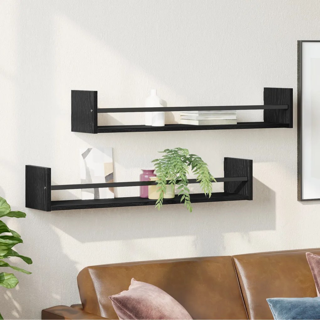 Fali Polcok 2 db Fekete Tölgy 80x16x14 cm Műszaki Fa