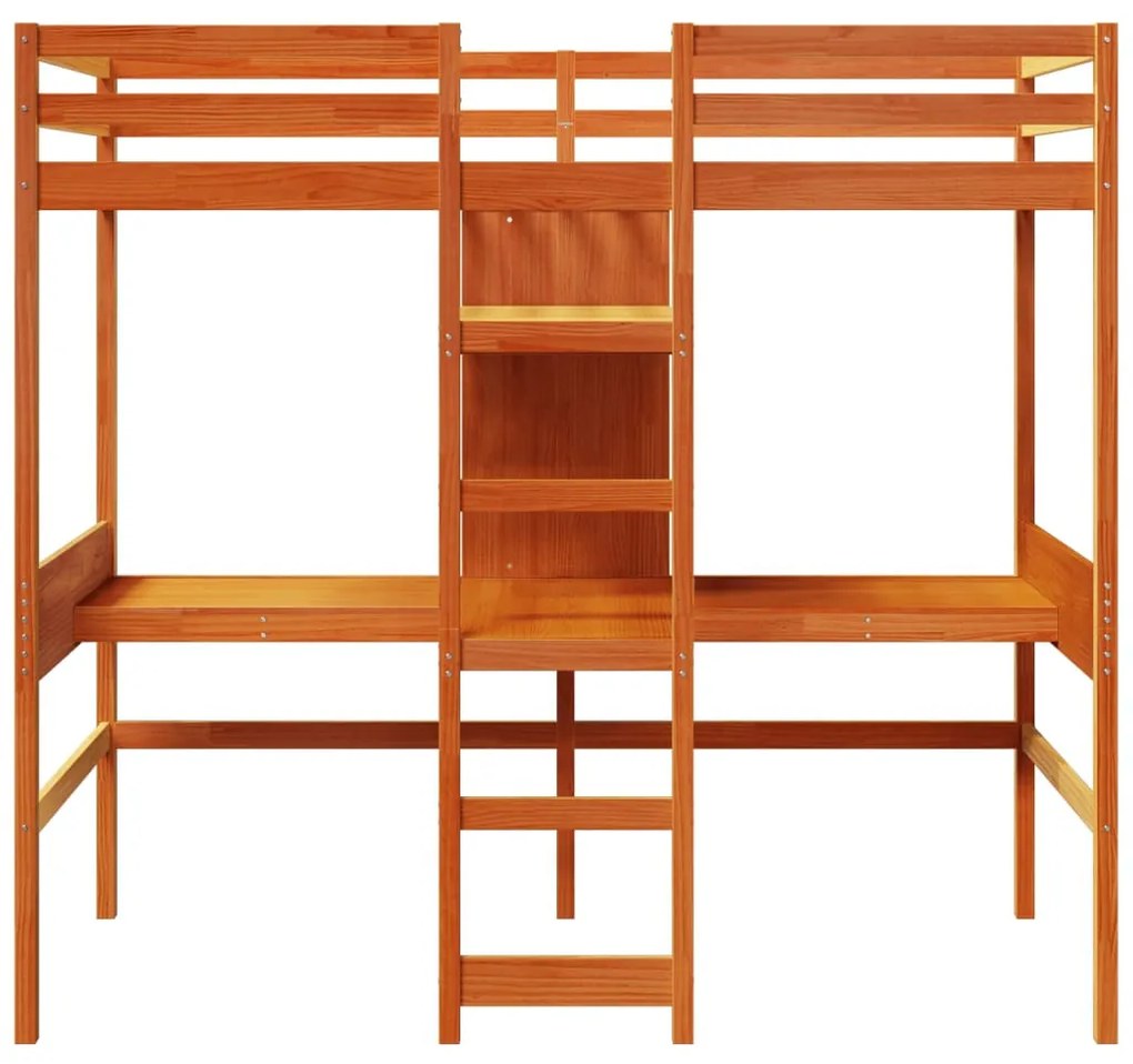 barna fenyő galériaágy-keret asztallal és polcokkal 90 x 200 cm