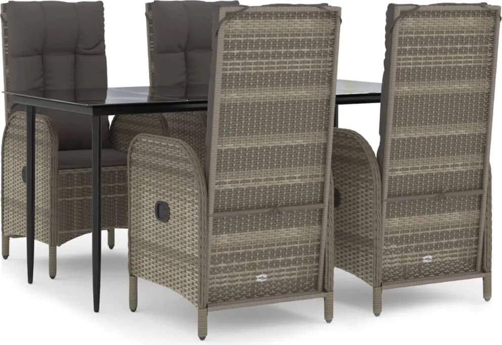 vidaXL 5 részes fekete és szürke polyrattan kerti étkezőszett párnával