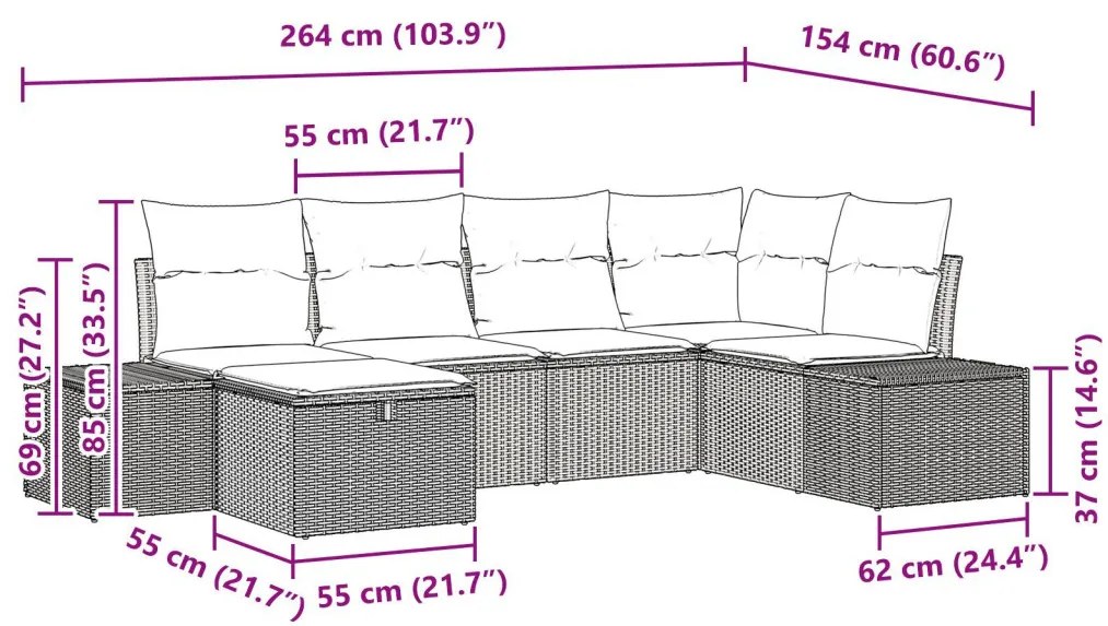 6 db-os kerti kanapé szett párnákkal szürke poli rattanból