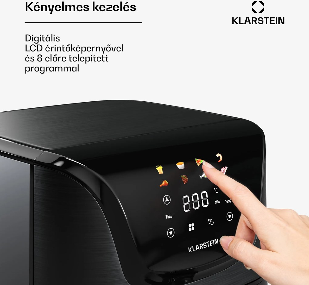 Klarstein AeroVital Deluxe forrólevegős fritőz, 1700 W, 8 program, tartozékokkal együtt, 200°C, Időzítő