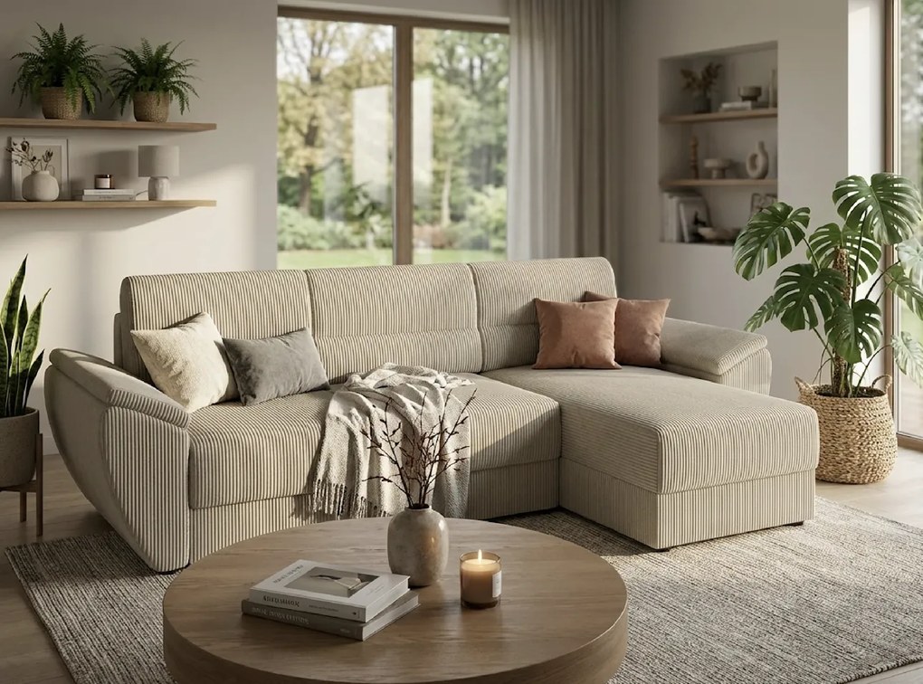 Kinyitható kétszínű L-alakú ülőgarnitúra TAVERO 251x140 cm, világos bézs