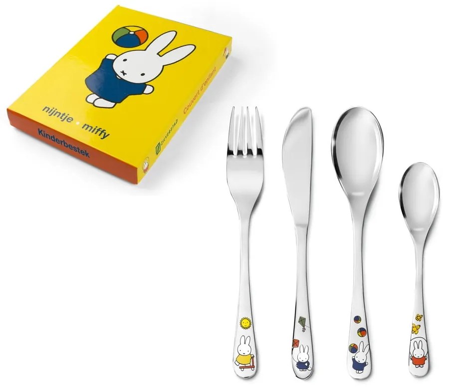 Ezüstszínű rozsdamentes acél gyerek evőeszköz 4 db-os Miffy – Zilverstad