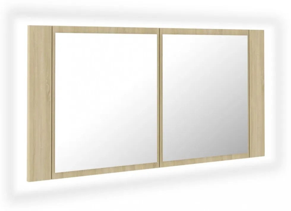 tölgyszínű akril LED-es tükrös fürdőszobaszekrény 90x12x45 cm