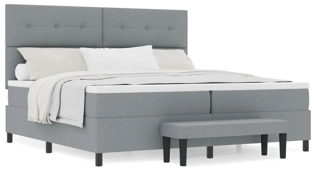 Boxspring ágy matraccal és padal világosszürke 200x200 cm szövet