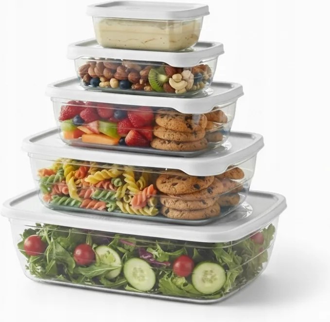 Műanyag tárolódobozok 5 db-os szett Ételtároló Hűtőszekrény Fagyasztó fehér