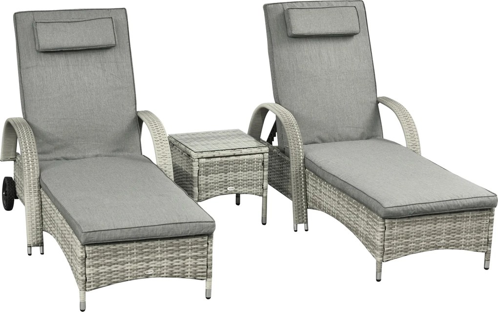 Outsunny 3 részes Napozó Kerti Bútor Szett, Polyrattan + Fém Szürke | Aosom
