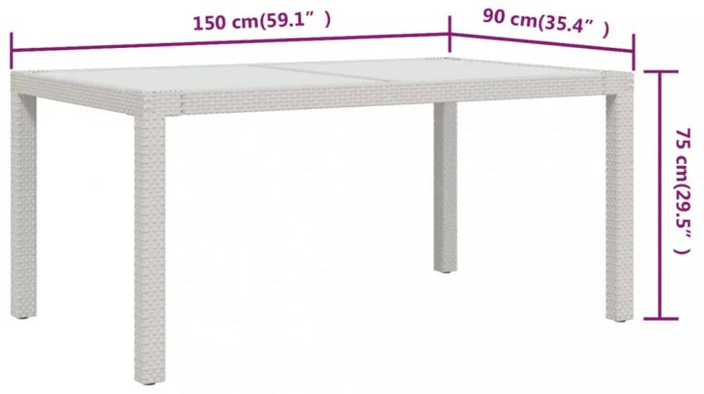 fehér polyrattan és edzett üveg kerti asztal 150 x 90 x 75 cm