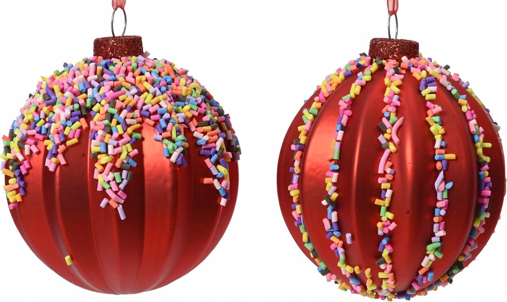 Üveggömb matt piros, színes karácsonyfadísszel 8cm