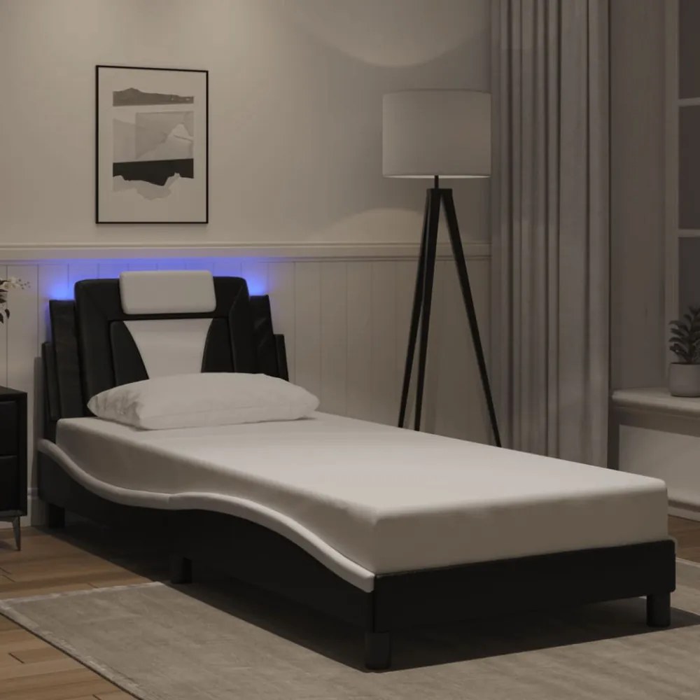 fekete és fehér műbőr ágykeret LED-világítással 90 x 200 cm