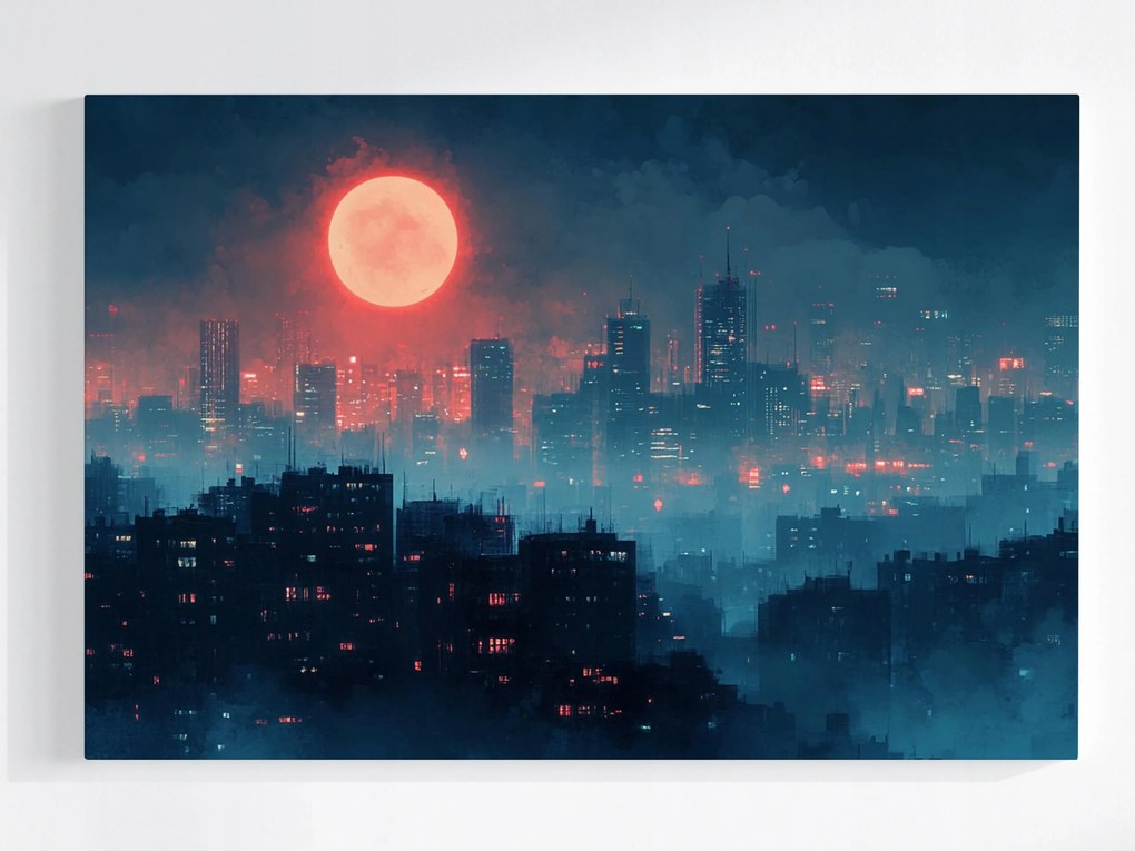 Poszter Város Felhőkarcolók Éjszakai Blokkok Vörös Hold 60x40