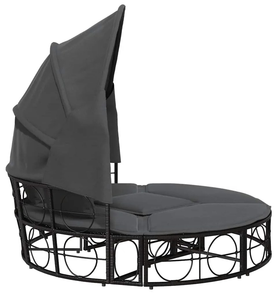 fekete polyrattan kültéri napozóágy napellenzővel és párnákkal