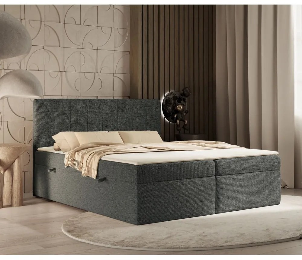 Sötétszürke ágyneműtartós boxspring ágy 160x200 cm Novento – Maison de Rêve