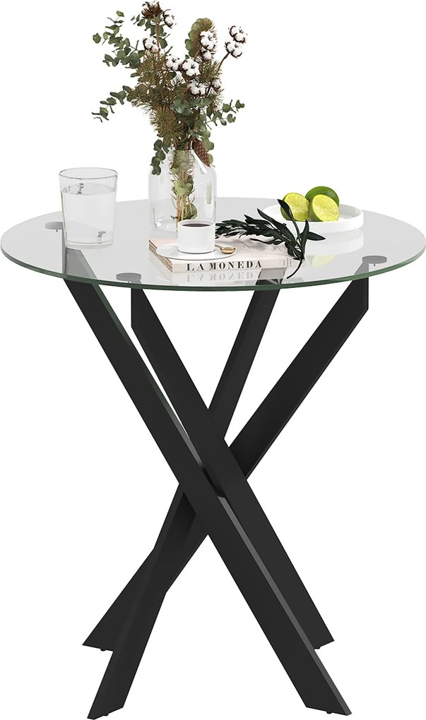 HOMCOM Kerek Étkezőasztal 4 Fő Részére, Üveg Asztallap Acél Lábakkal, Ø70 x 75 cm, Modern Dizájn, Fekete+Átlátszó | Aosom
